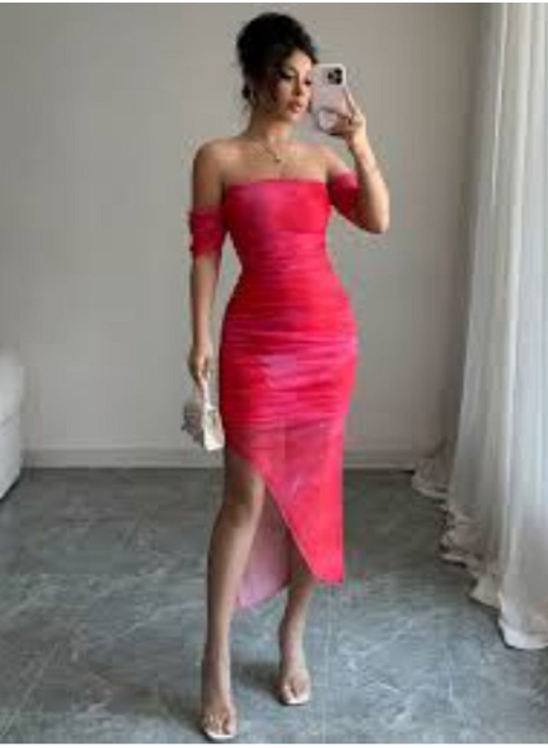 مانيكان فستان مانيكان النسائي من مادة الدانتيل الناعمة، فستان متوسط ​​الطول بدون حمالات، بفتحة جانبية، مناسب للسهرات - Image 2