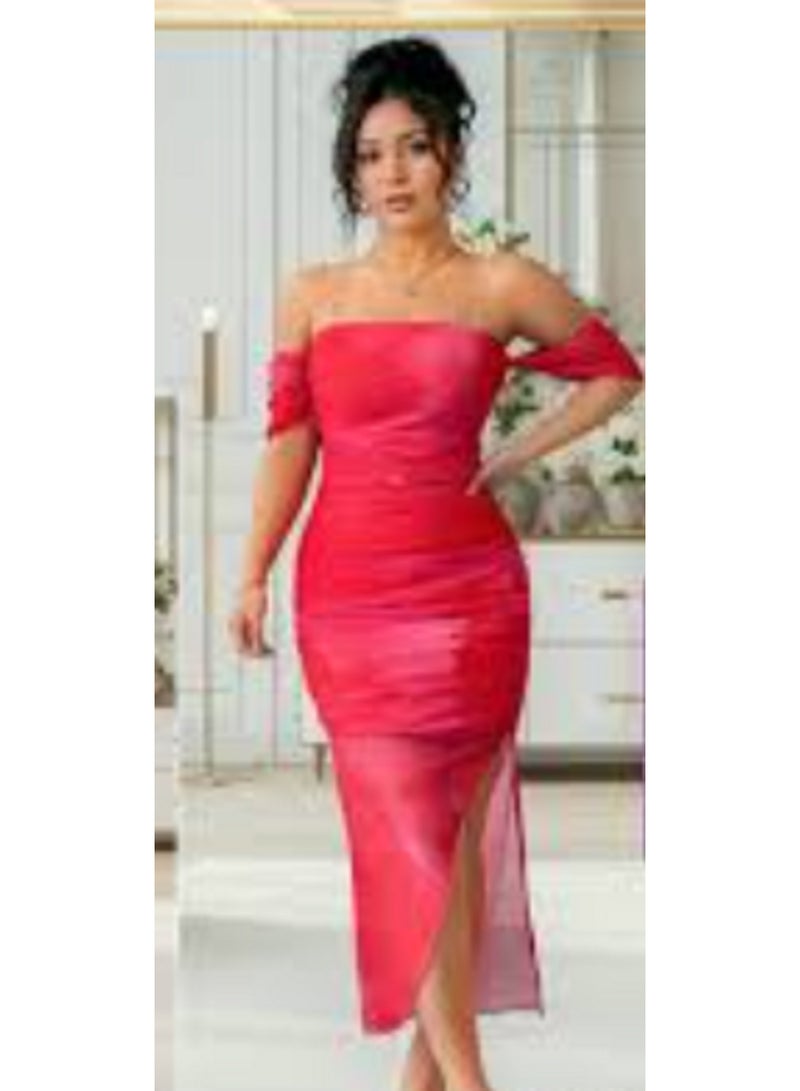 مانيكان فستان مانيكان النسائي من مادة الدانتيل الناعمة، فستان متوسط ​​الطول بدون حمالات، بفتحة جانبية، مناسب للسهرات - Image 4