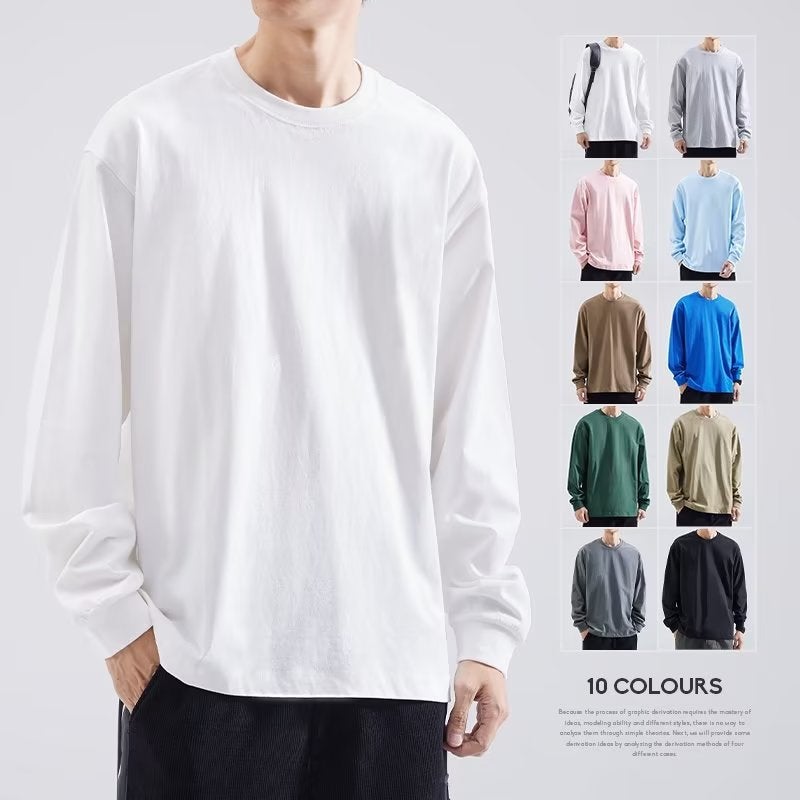 Heavy Long-Sleeved T-Shirt Men'S Solid Color Loose Casual Sweater Round Neck White Undershirt Men'S - Image 2