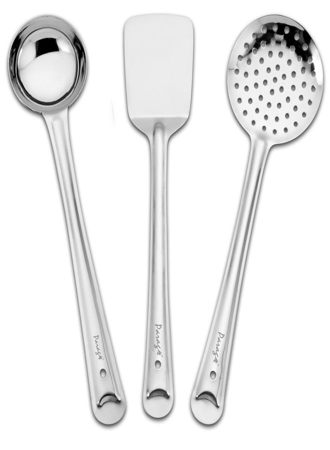 Parage 3 Pieces Stainless Steel Kitchen Tools Set for Cooking and Serving, Pack of 3 Ladle (Karachhi), Skimmer (Jhara) & Turner/Spatula (Palta) Silver, Size: 32 cms, 33.5 cms, 34.5 cms - Image 1