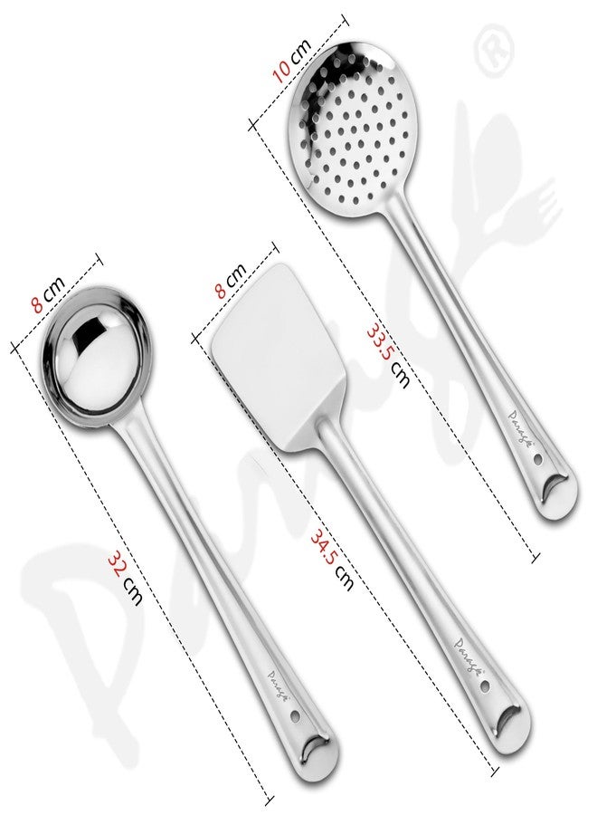 Parage 3 Pieces Stainless Steel Kitchen Tools Set for Cooking and Serving, Pack of 3 Ladle (Karachhi), Skimmer (Jhara) & Turner/Spatula (Palta) Silver, Size: 32 cms, 33.5 cms, 34.5 cms - Image 2
