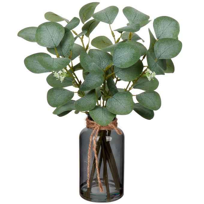 35CM ARTIFICIAL EUCALYPTUS STEMS IN GLASS VASE WITH FAUX WATER 14 FAKE PLANT FAUX EUCALYPTUS LEAVES FOR HOME DECOR LIVING ROOM BEDROOM OFFICE WEDDING CENTERPIECE DECORATIONS