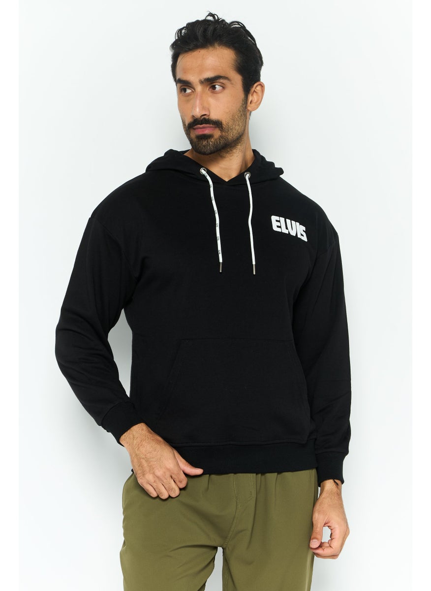 ELVIS Men Hooded Brand Logo Long Sleeves Sweatshirt, Black  - Image 1