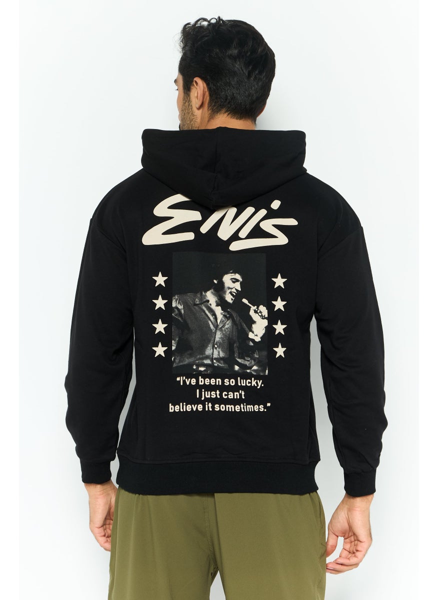 ELVIS Men Hooded Brand Logo Long Sleeves Sweatshirt, Black  - Image 3