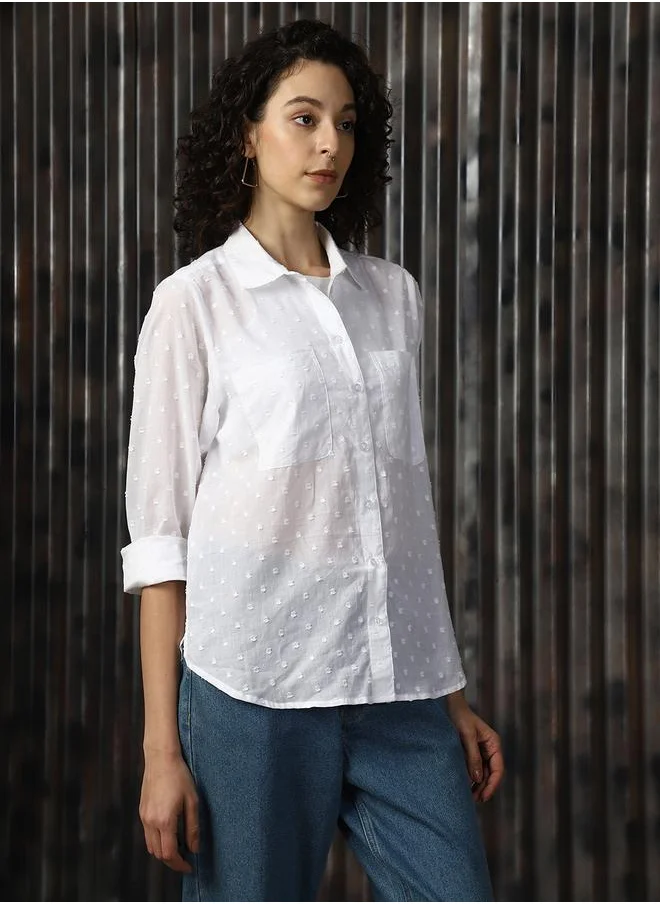 HIGH STAR Women Shirts in White featuring Oversized fit with a solid pattern, spread collar collar, collar neckline, full sleeves, secured with button closure, crafted from cotton – designed to make a statement wherever you go.