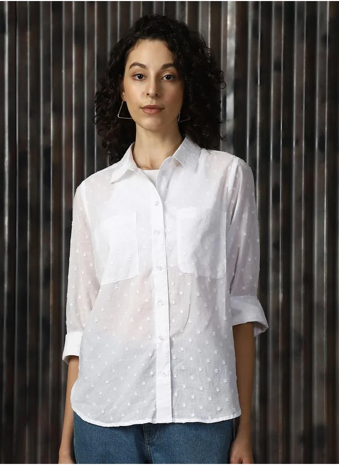 HIGH STAR Women Shirts in White featuring Oversized fit with a solid pattern, spread collar collar, collar neckline, full sleeves, secured with button closure, crafted from cotton – designed to make a statement wherever you go.