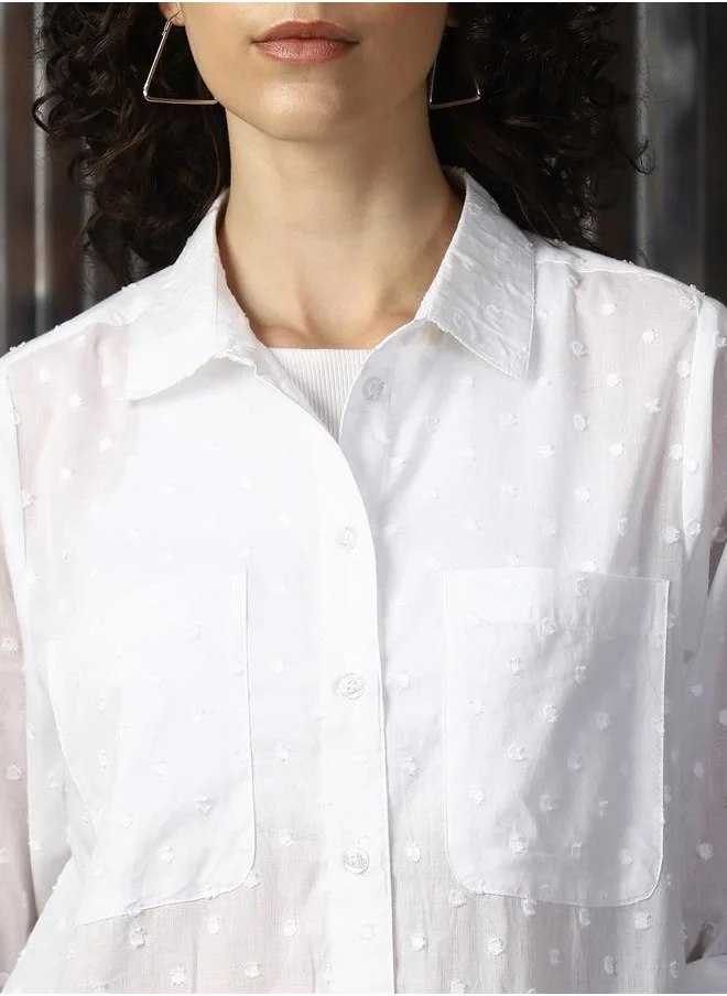 HIGH STAR Women Shirts in White featuring Oversized fit with a solid pattern, spread collar collar, collar neckline, full sleeves, secured with button closure, crafted from cotton – designed to make a statement wherever you go.