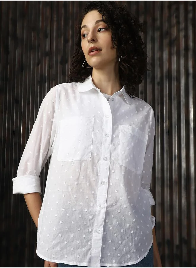 HIGH STAR Women Shirts in White featuring Oversized fit with a solid pattern, spread collar collar, collar neckline, full sleeves, secured with button closure, crafted from cotton – designed to make a statement wherever you go.