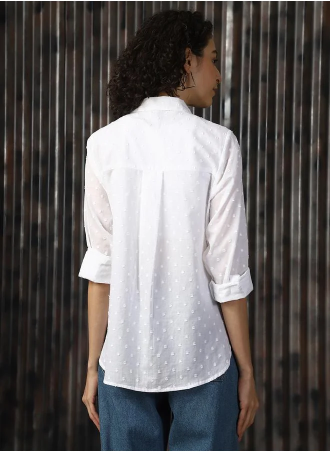 HIGH STAR Women Shirts in White featuring Oversized fit with a solid pattern, spread collar collar, collar neckline, full sleeves, secured with button closure, crafted from cotton – designed to make a statement wherever you go.