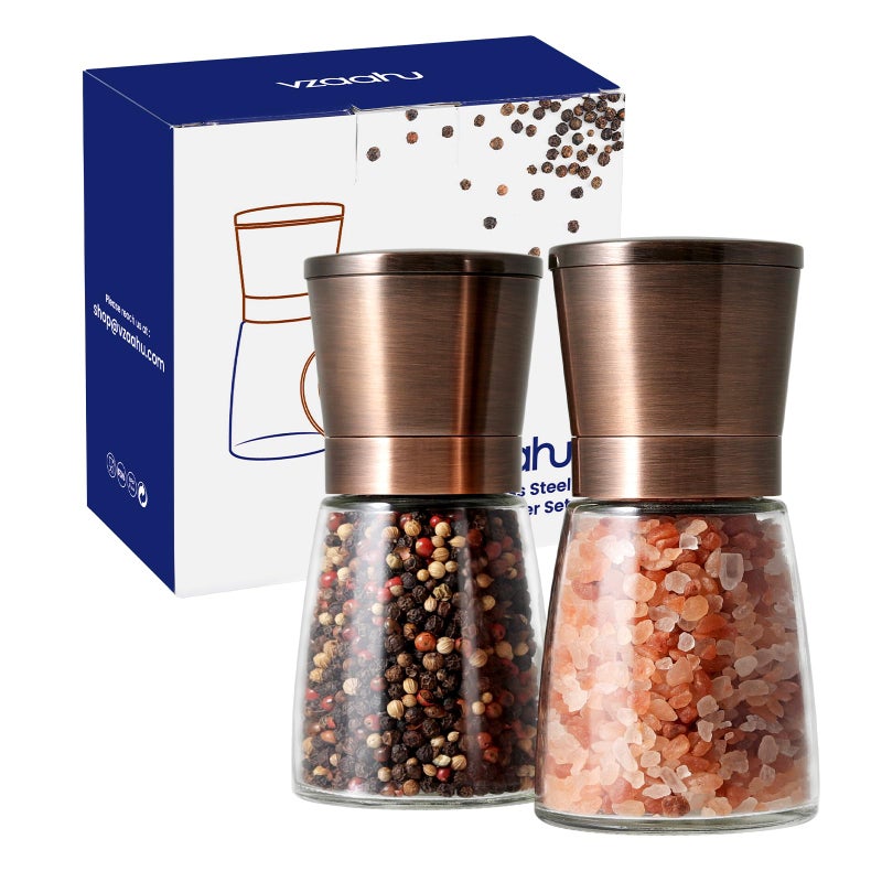 Vzaahu Salt and Pepper Copper Grinders Set of 2 Refillable Bronze Brass Seasalt Spice Peppermill with Magnetic Lids Adjustable Coarseness Ceramic Core Kitchen Gift