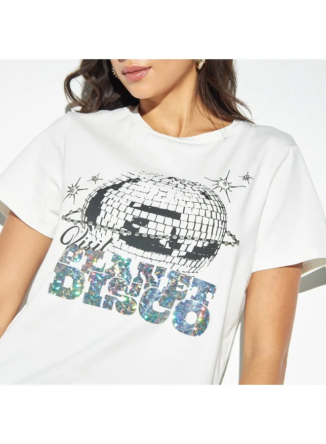 2Xtremz 2Xtremz Graphic Embellished Crew Neck T-shirt with Short Sleeves
