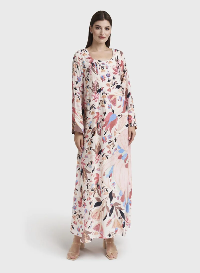 كشخة Light Peach Floral Print Viscose Crepe Handwork Jalabiya (VDK352)