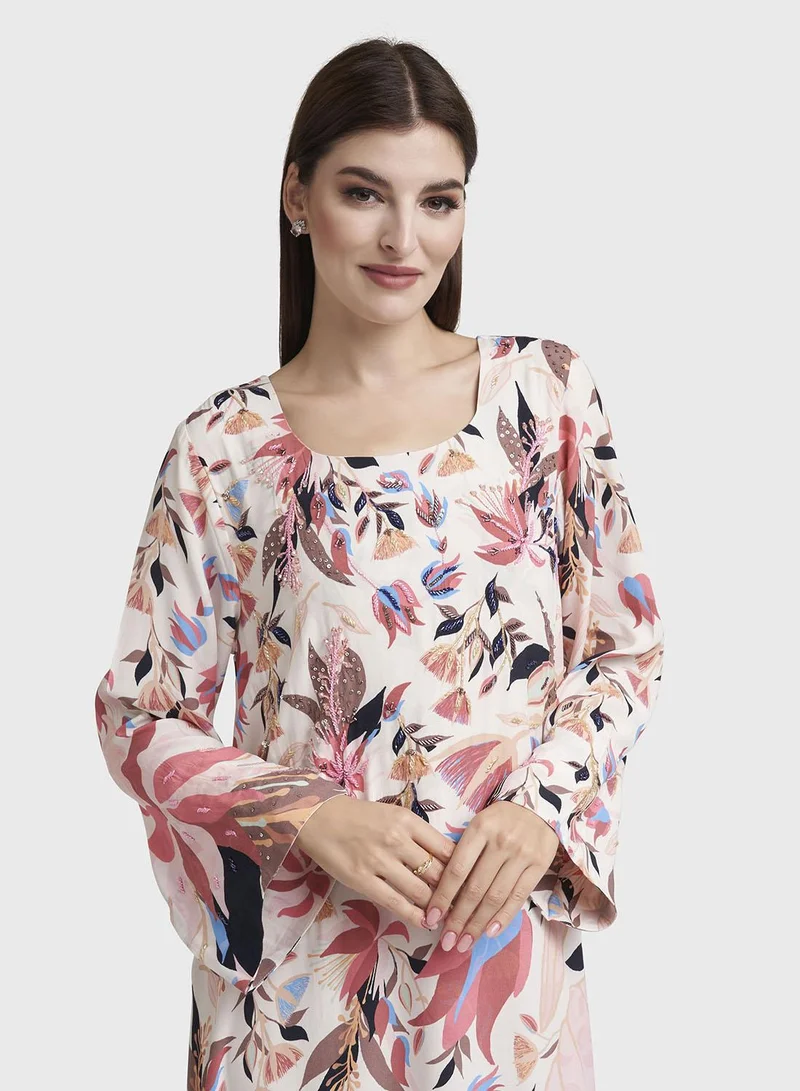 كشخة Light Peach Floral Print Viscose Crepe Handwork Jalabiya (VDK352)