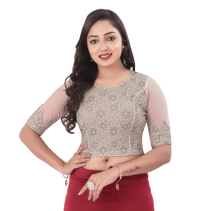 DESI GIRL - Round Neck Jacquard Regular Fit Saree Blouse for Women | Half Sleeve Readymade Stretchy Embroidered Design Festive Blouse Perfect for Saree, Lehenga, Kurti | Cream - 42 - Image 4