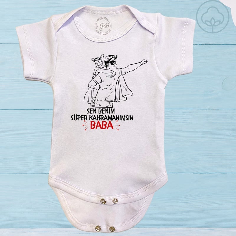 Betül Bebek Betul Baby Special Design You Are My Super Hero Dad Printed Organic Cotton Snap-On Short Sleeve Bodysuit - Image 3