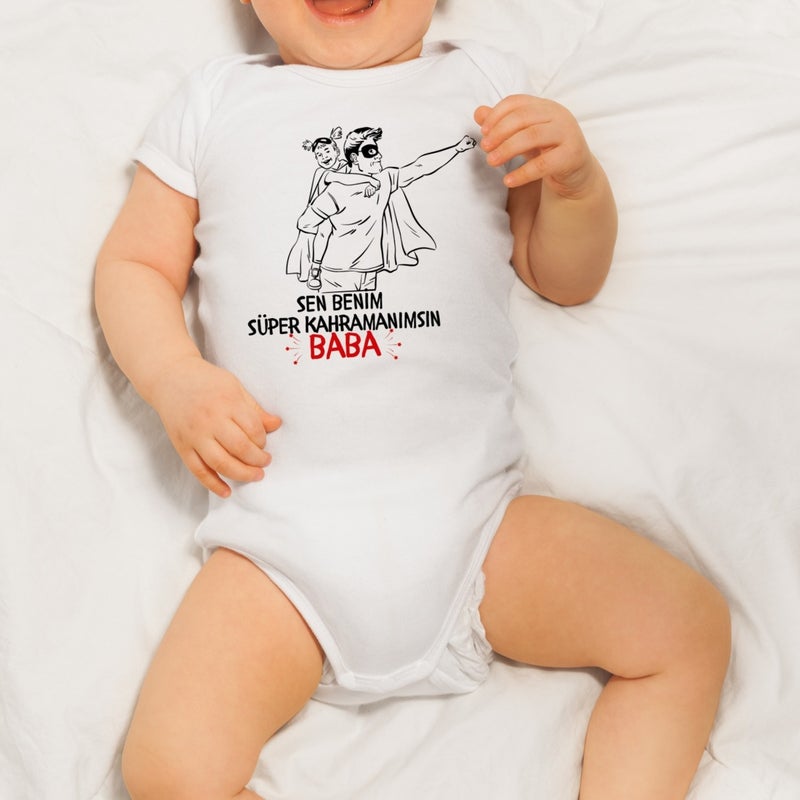 Betül Bebek Betul Baby Special Design You Are My Super Hero Dad Printed Organic Cotton Snap-On Short Sleeve Bodysuit - Image 4