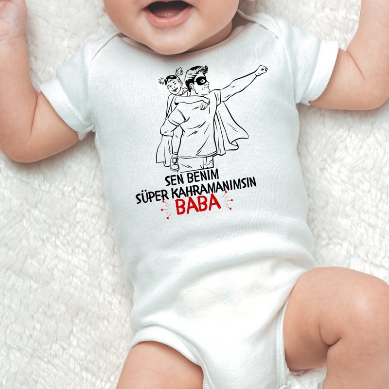 Betül Bebek Betul Baby Special Design You Are My Super Hero Dad Printed Organic Cotton Snap-On Short Sleeve Bodysuit - Image 1