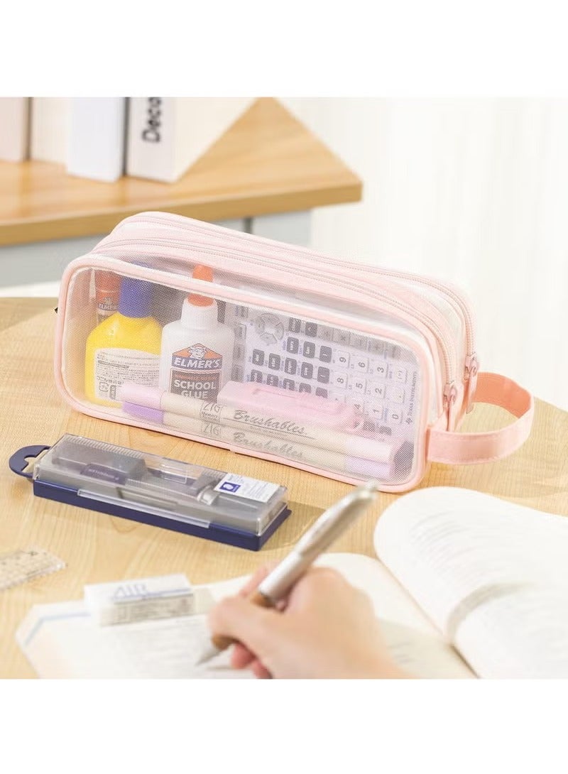 Large Grid Mesh Pencil Case 2 Compartment Pen Bag Clear Handheld Multifunction Pencil Pouch Transparent Makeup Bag for Teen Student College Business Travel Office Adult - Pink - Image 3