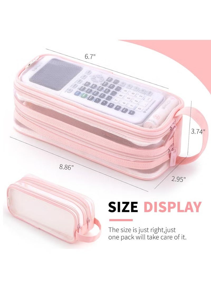 Large Grid Mesh Pencil Case 2 Compartment Pen Bag Clear Handheld Multifunction Pencil Pouch Transparent Makeup Bag for Teen Student College Business Travel Office Adult - Pink - Image 2