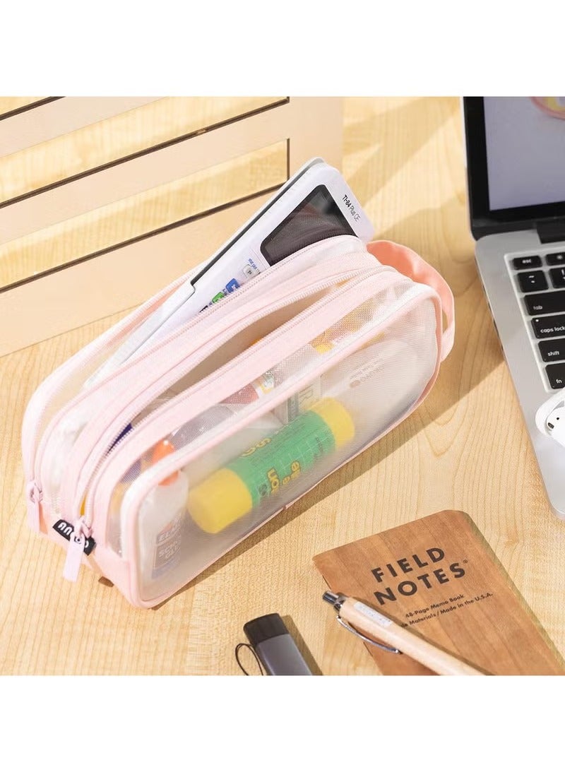 Large Grid Mesh Pencil Case 2 Compartment Pen Bag Clear Handheld Multifunction Pencil Pouch Transparent Makeup Bag for Teen Student College Business Travel Office Adult - Pink - Image 4