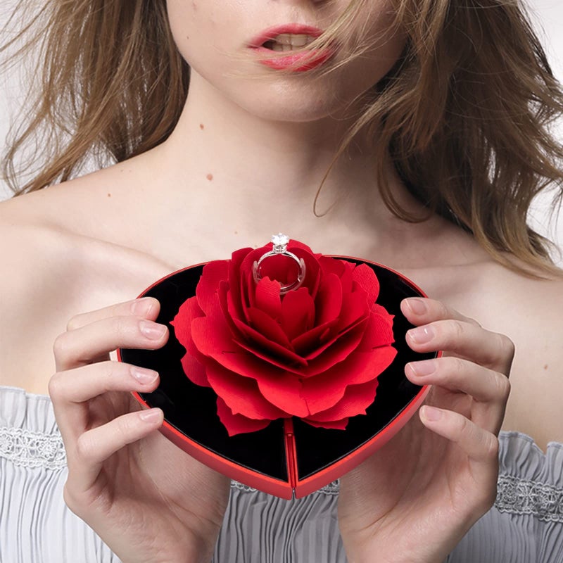 wonuu Engagement Ring Box,Ring Rose Box Surprise Jewelry Storage Holder for Woman as Proposal Engagement Wedding Ring Jewelry Gift ect. (Heart Shaped-Red) - Image 3