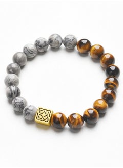 WooFree Men Bracelets Yellow Tiger Eye and Gray Texture Natural Stone Healing Energy Balance Beads 10mm Elastic Yoga Bracelet  - Image 1