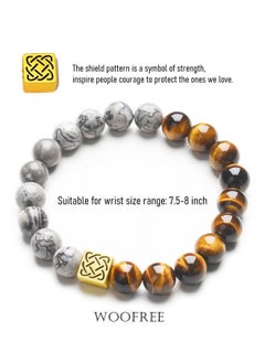 WooFree Men Bracelets Yellow Tiger Eye and Gray Texture Natural Stone Healing Energy Balance Beads 10mm Elastic Yoga Bracelet  - Image 2