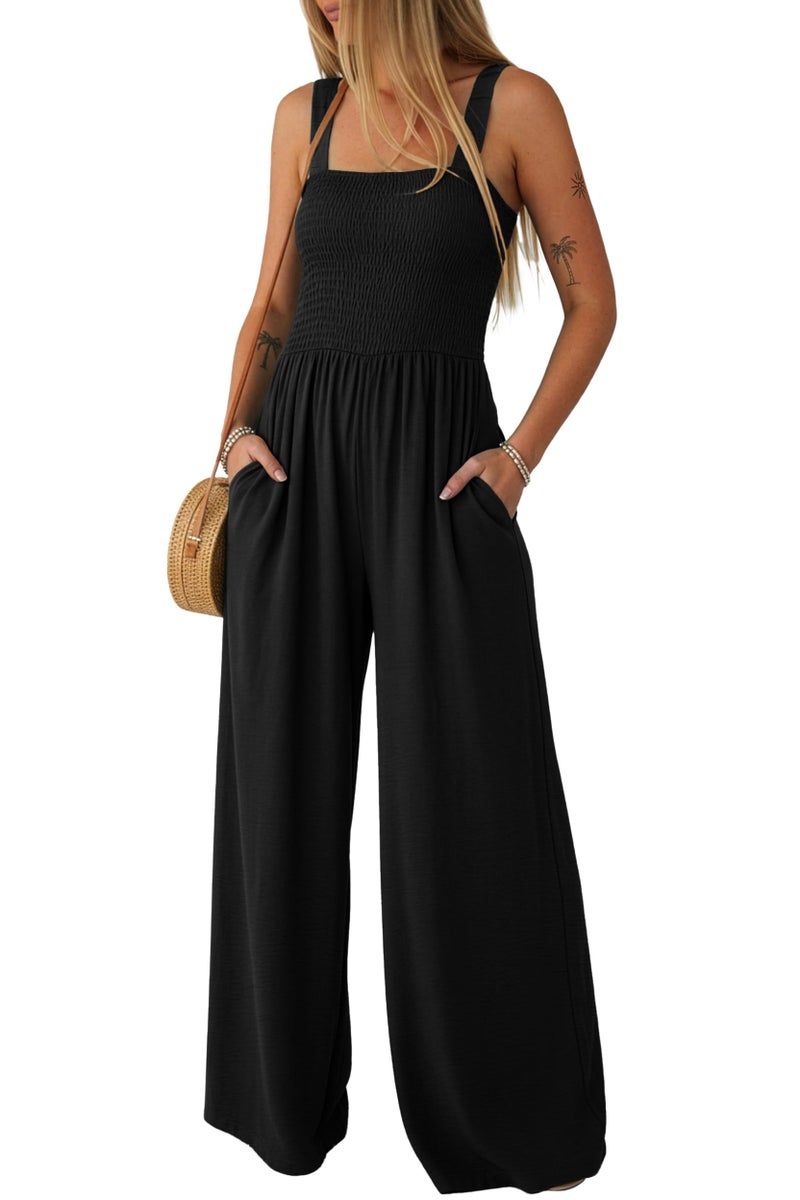 Lepunuo Jumpsuits for Women Casual One Piece Overalls Smocked Wide Leg Long Rompers With Pockets Beach Vacation - Image 1