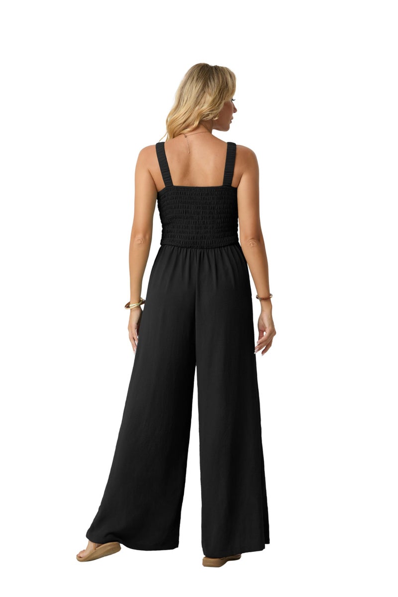 Lepunuo Jumpsuits for Women Casual One Piece Overalls Smocked Wide Leg Long Rompers With Pockets Beach Vacation - Image 4