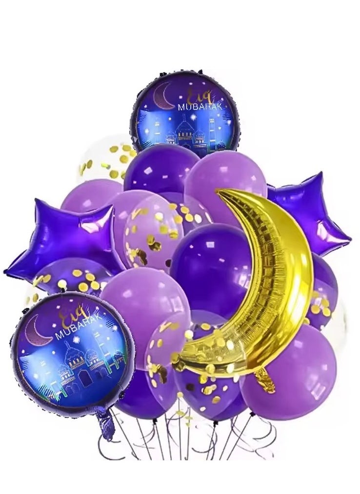 20 Pieces Eid Mubarak Balloon Set For Eid Home Party Decoration 18inch Eid Foil Round Balloons 18inch Gold Moon Purple Gold 