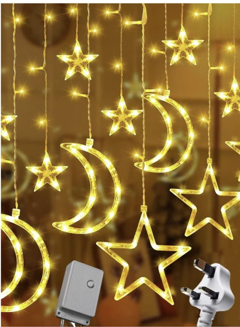إيه إس ستارة القمر والنجوم للديكور في شهر رمضان، طول 3 متر، أضواء رمضان مزينة، أضواء نافذة القمر والنجوم، أضواء سلسلة LED بثمانية أنماط وامضة، تصميم نجوم وقمر للديكور. - Image 2