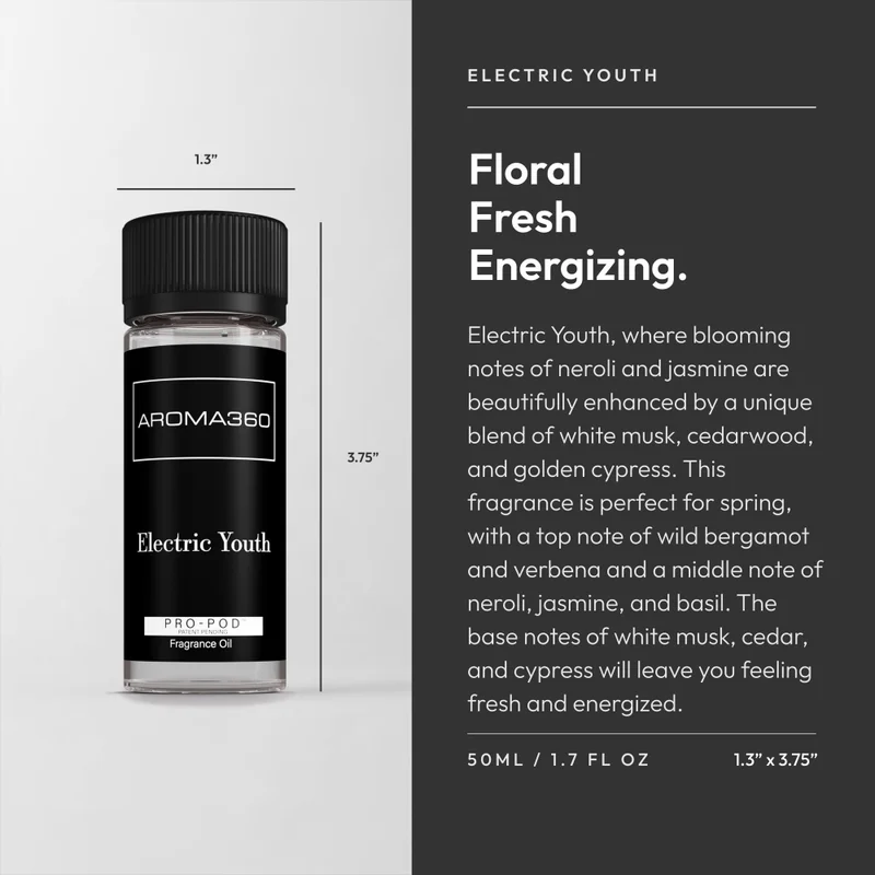 Aroma360  Electric Youth Pro-Pod Oil Blend - Hotel Inspired for Luxury Essential Oil Diffusers - Aromatherapy Scent Diffuser Oil - Wild Bergamot, Neroli, and Cypress  - 50 mL, 1.7 fl oz  | Best Price UAE