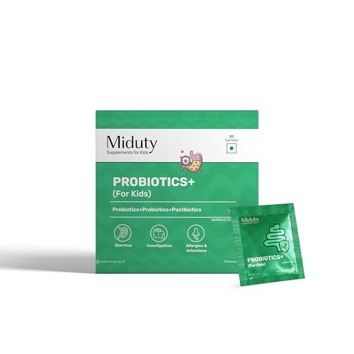 Miduty Probiotics+ for Kids - Prebiotic, Probiotic & Postbiotic - 6 Billion CFU, Sunfiber & Sodium Butyrate - Supports Gut Health, Immunity & Digestion - Unflavored - 30 Sachets - Image 1
