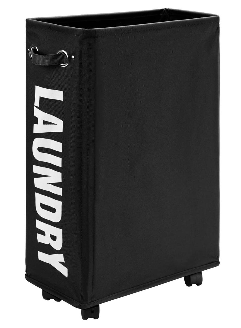 25-Inches Slim Laundry Basket on Wheels, Collapsible Rolling Laundry Hamper, Foldable Narrow Corner Clothes Storage Bins, Black - Image 1