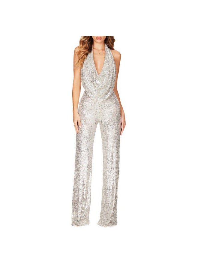 European And American New Summer Jumpsuit Women's Sleeveless Halter Sequined Jumpsuit Women