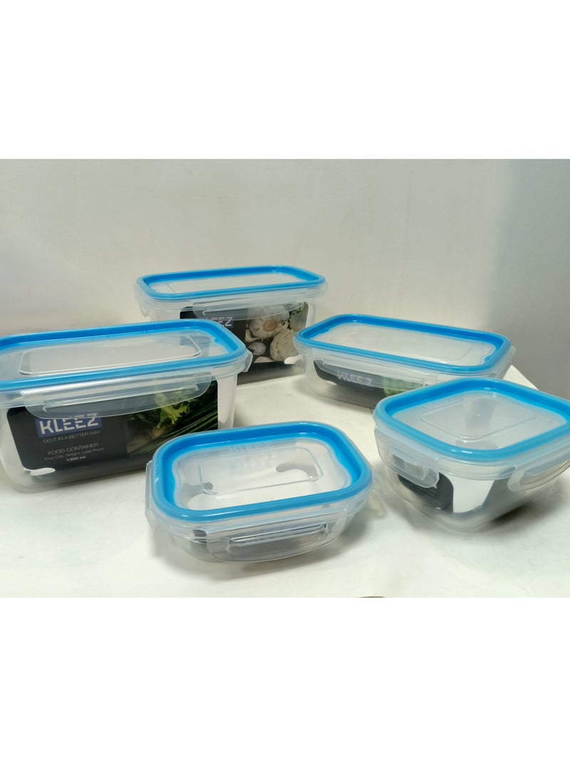 Food Container Lunch Box Set of 5 – Airtight, Leak Proof, Four Clip Lids, 1600ml, 1300ml, 900ml, 450ml, 300ml – Durable Food Storage Containers
