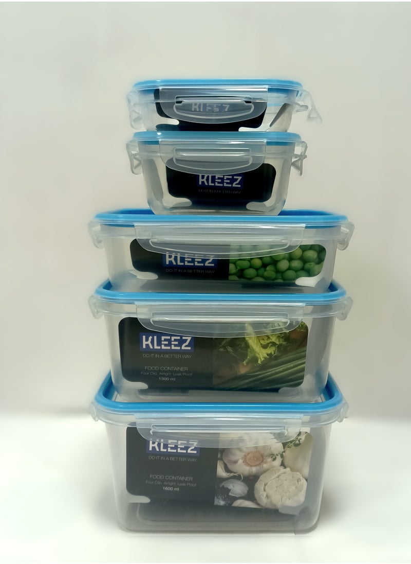 Food Container Lunch Box Set of 5 – Airtight, Leak Proof, Four Clip Lids, 1600ml, 1300ml, 900ml, 450ml, 300ml – Durable Food Storage Containers