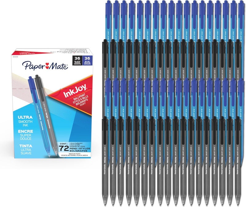 Papermate InkJoy 100RT Ballpoint Pens, Medium Point (1.0mm), Black & Blue Ink, 72 Count - Bulk Pack for School, Home, Office, College, Note-Taking - Image 1