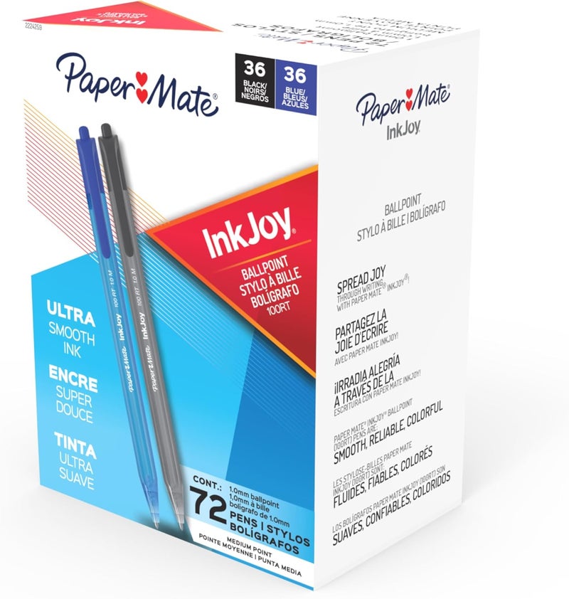 Papermate InkJoy 100RT Ballpoint Pens, Medium Point (1.0mm), Black & Blue Ink, 72 Count - Bulk Pack for School, Home, Office, College, Note-Taking - Image 2