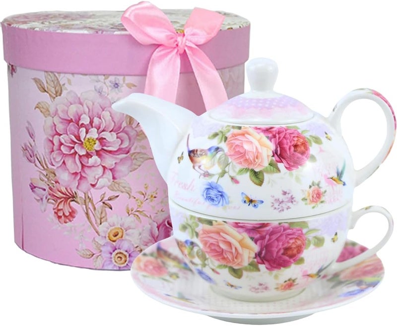 OneUstar Tea for One Set Ceramic Floral Teapot and Cup Saucer Set for Women Mother's Day Birthday Gift in Reusable Handmade Gift Box, Pink - Image 1