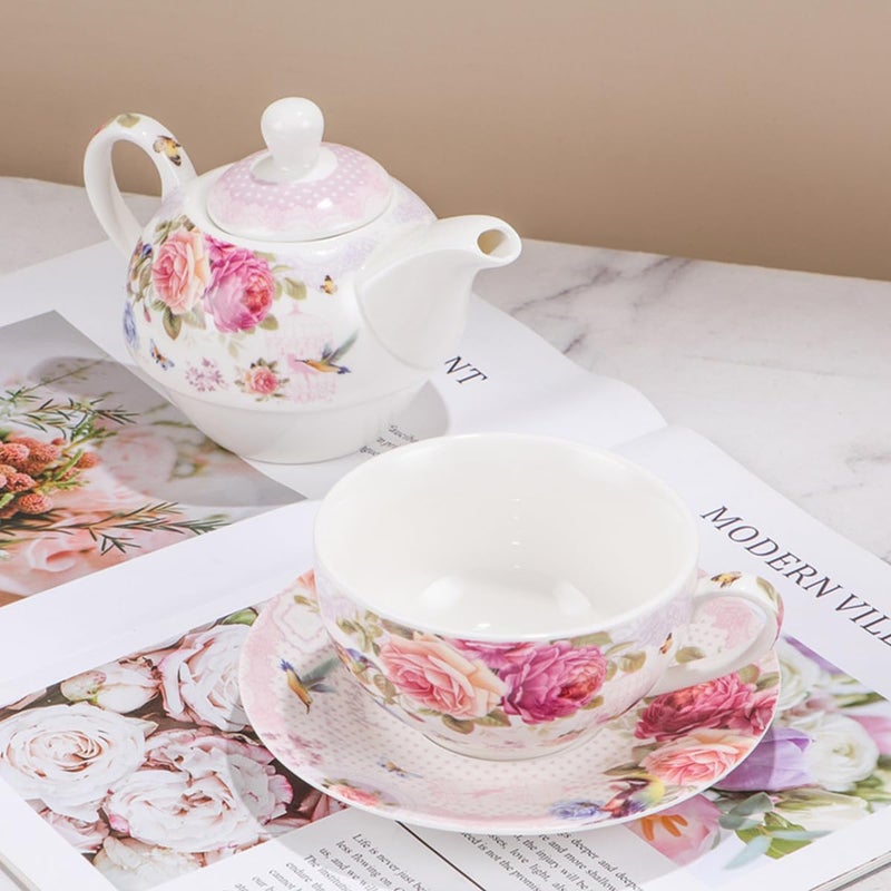 OneUstar Tea for One Set Ceramic Floral Teapot and Cup Saucer Set for Women Mother's Day Birthday Gift in Reusable Handmade Gift Box, Pink - Image 2