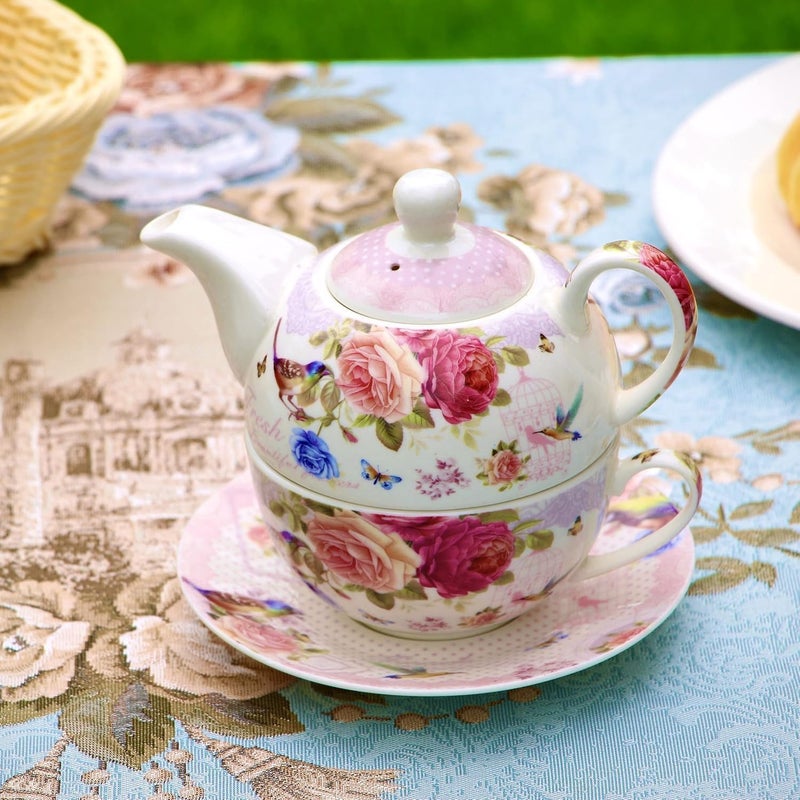 OneUstar Tea for One Set Ceramic Floral Teapot and Cup Saucer Set for Women Mother's Day Birthday Gift in Reusable Handmade Gift Box, Pink - Image 4