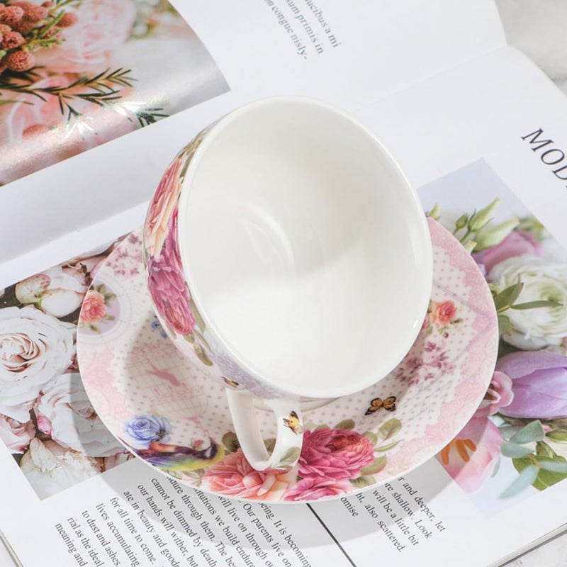 OneUstar Tea for One Set Ceramic Floral Teapot and Cup Saucer Set for Women Mother's Day Birthday Gift in Reusable Handmade Gift Box, Pink - Image 3