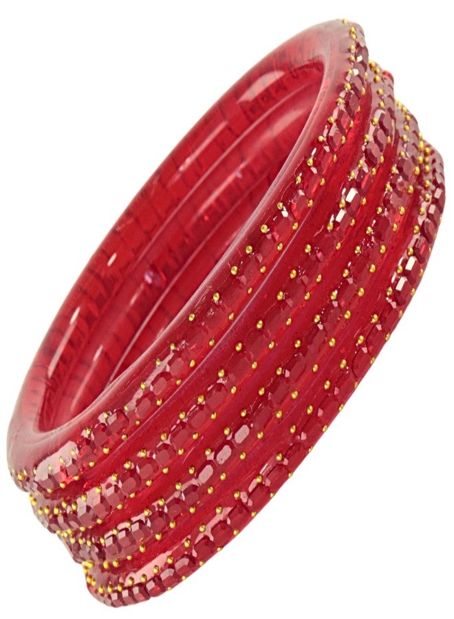 NMII Premium Crystal Glass Kada Set for Women & Girls with Biscuit Cut Design & Golden Pearls | Glass Bangle Set with Beads, Wedding,Daily, Festive - Set of 4 (GK53_Biscuit-CrystalKada-Red-2.4) - Image 1