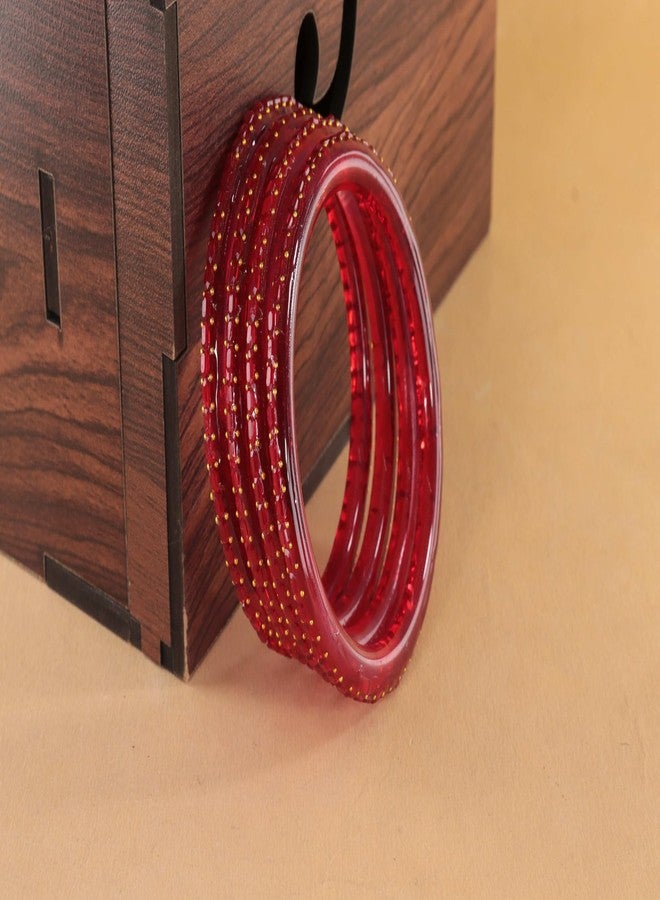 NMII Premium Crystal Glass Kada Set for Women & Girls with Biscuit Cut Design & Golden Pearls | Glass Bangle Set with Beads, Wedding,Daily, Festive - Set of 4 (GK53_Biscuit-CrystalKada-Red-2.4) - Image 3