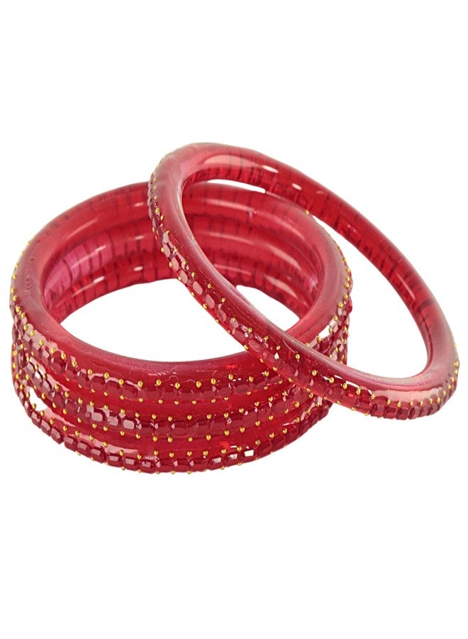 NMII Premium Crystal Glass Kada Set for Women & Girls with Biscuit Cut Design & Golden Pearls | Glass Bangle Set with Beads, Wedding,Daily, Festive - Set of 4 (GK53_Biscuit-CrystalKada-Red-2.4) - Image 2