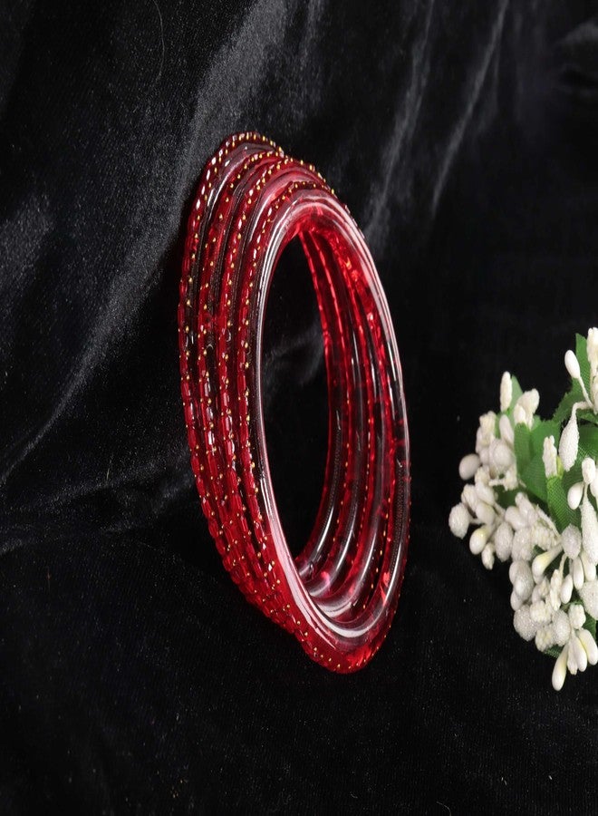 NMII Premium Crystal Glass Kada Set for Women & Girls with Biscuit Cut Design & Golden Pearls | Glass Bangle Set with Beads, Wedding,Daily, Festive - Set of 4 (GK53_Biscuit-CrystalKada-Red-2.4) - Image 5