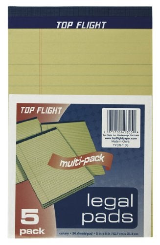 Top Flight Legal Pads, 5 x 8 Inches, 0.375 Inch Rule, Canary, 50 Sheets per Pad, 5 Pads per Pack (4513105) - Image 1