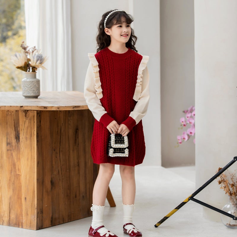 Childrens Knitted Skirt 2025 Autumn and Winter New Mid-length Korean Girls Sweater Dress Childrens Wear dress Red sweater dress