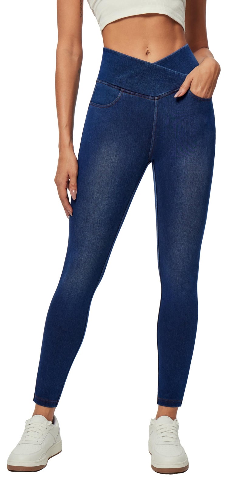 IUGA Stretchy Skinny Jeans for Women High Waist Pull on Jeggings Sweatpant Jeans Tummy Control Jean Leggings with Pockets(Standard, Dark Blue, Large) - Image 1